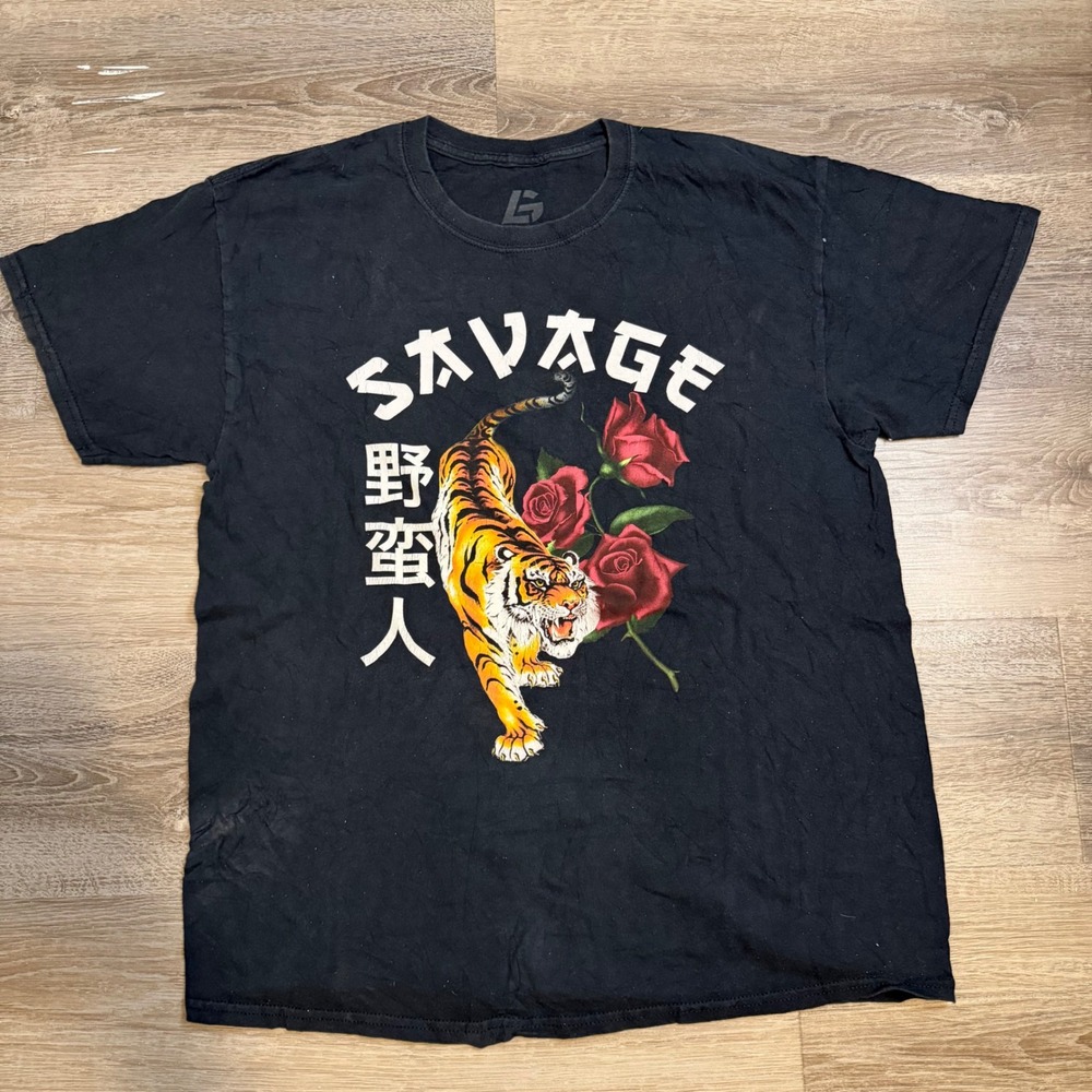 Black Tiger Rose Graphic T Shirt Large Mens Streetwear